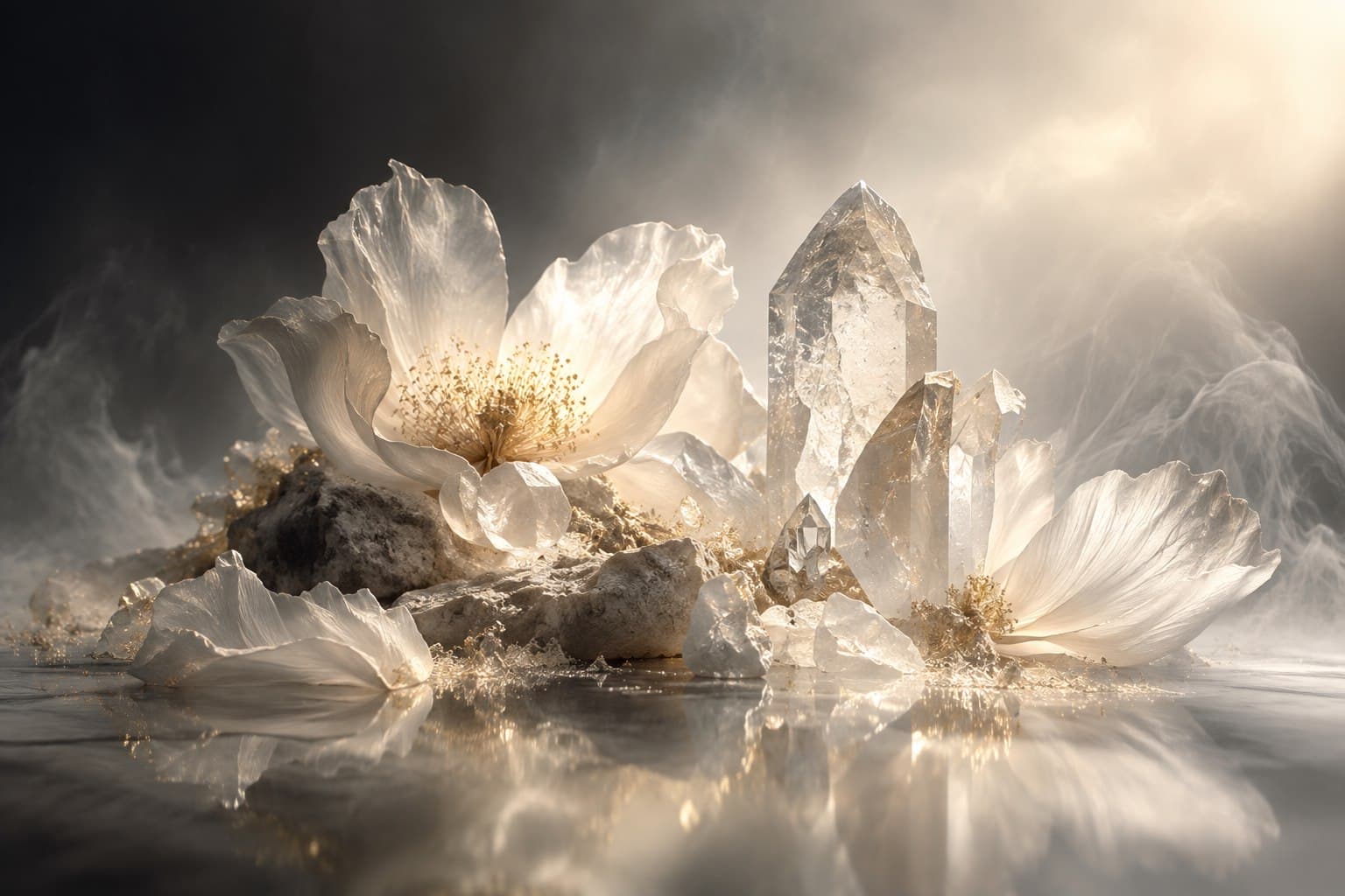 Petali bianchi e cristalli luminosi evocano la collezione Luce Residua.