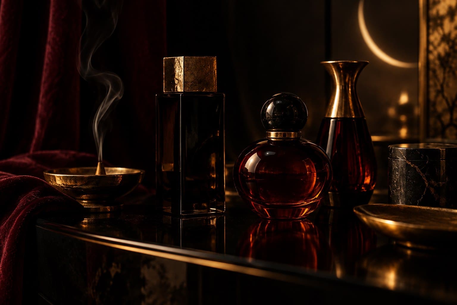 Vetro ambrato, velluto e incenso evocano la collezione Rituali Segreti.