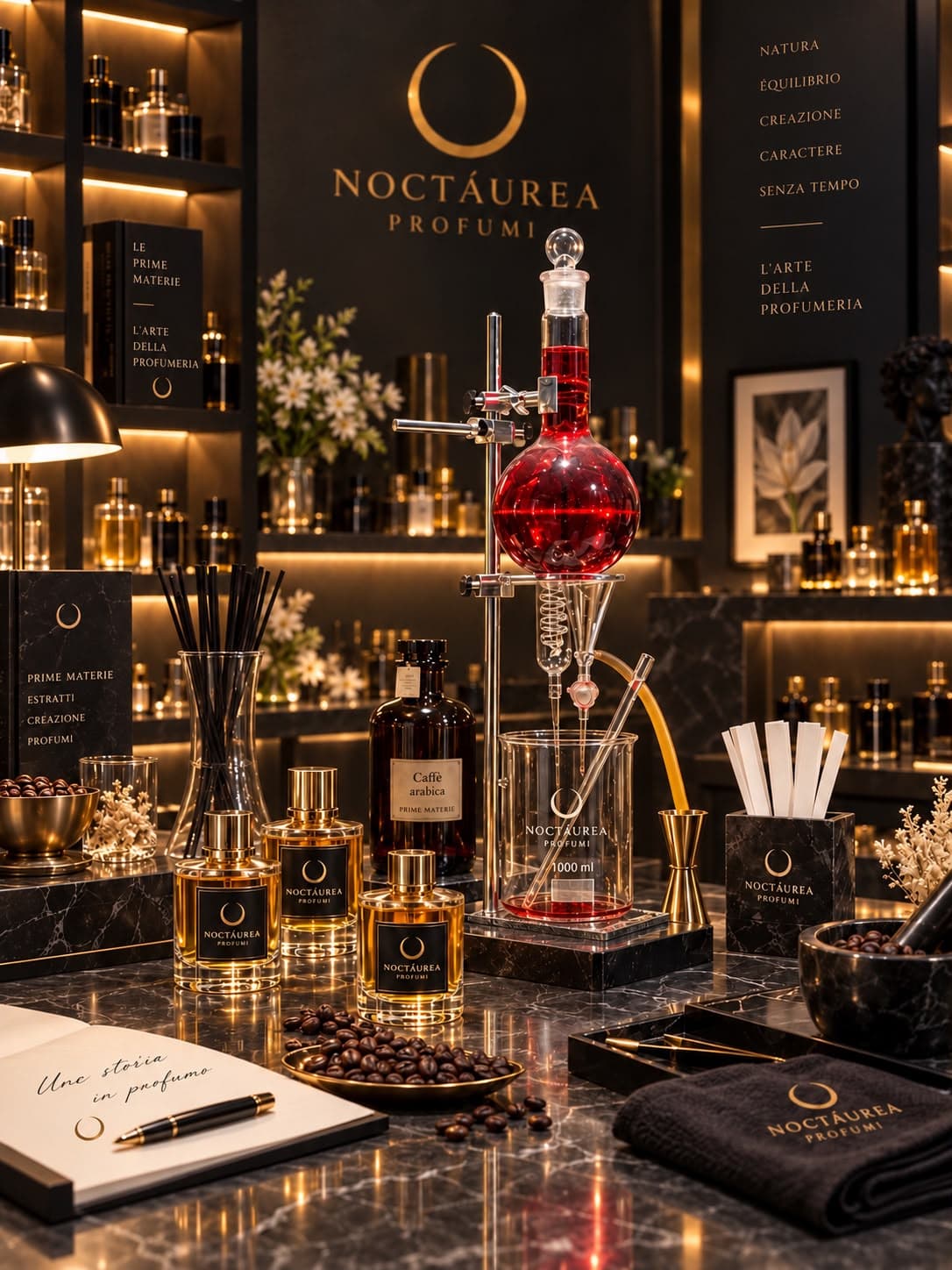 Lo studio NOCTÁUREA con essenze, flaconi e strumenti di creazione