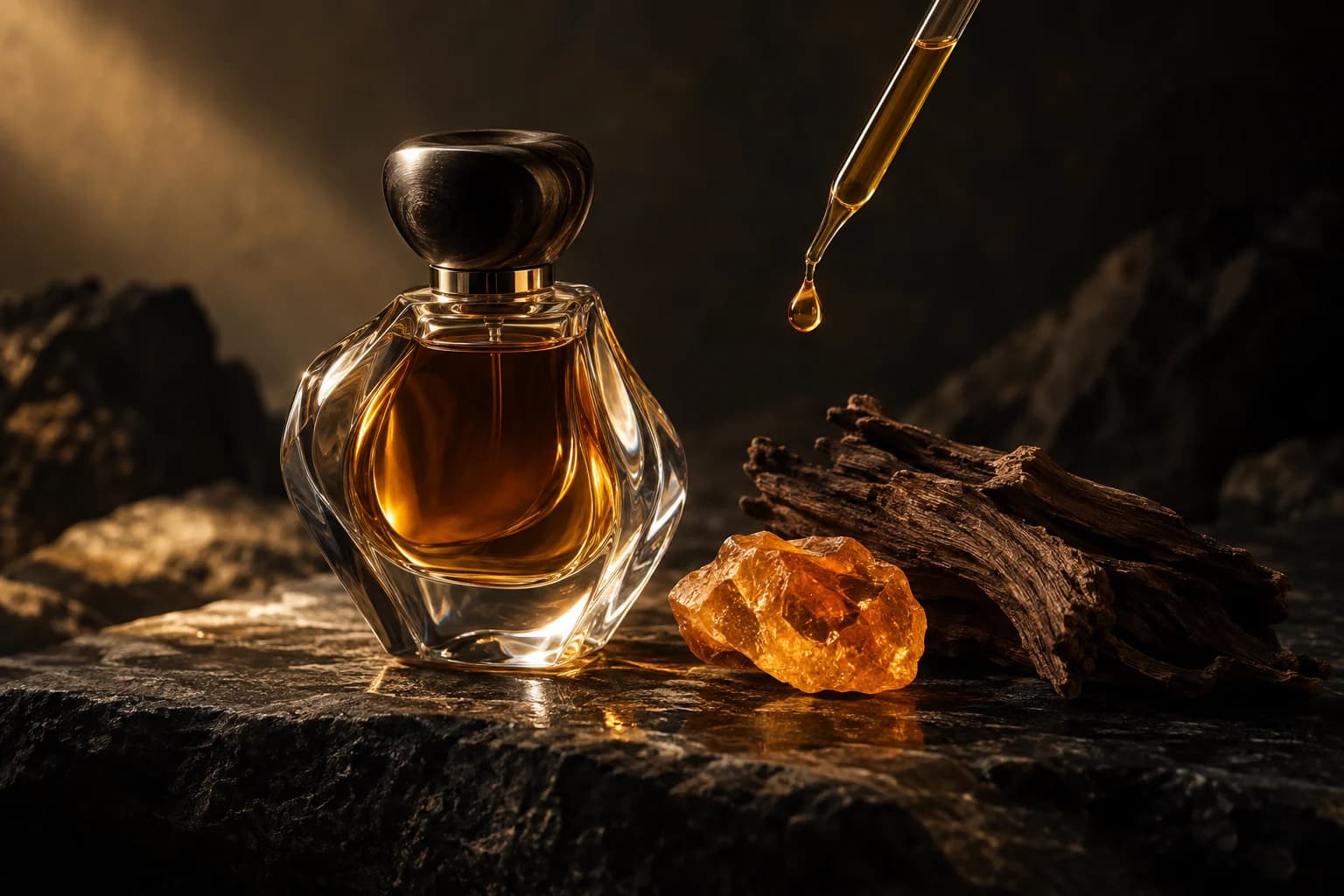 Composizione di vetro, essenza ambrata e legno nella luce dorata