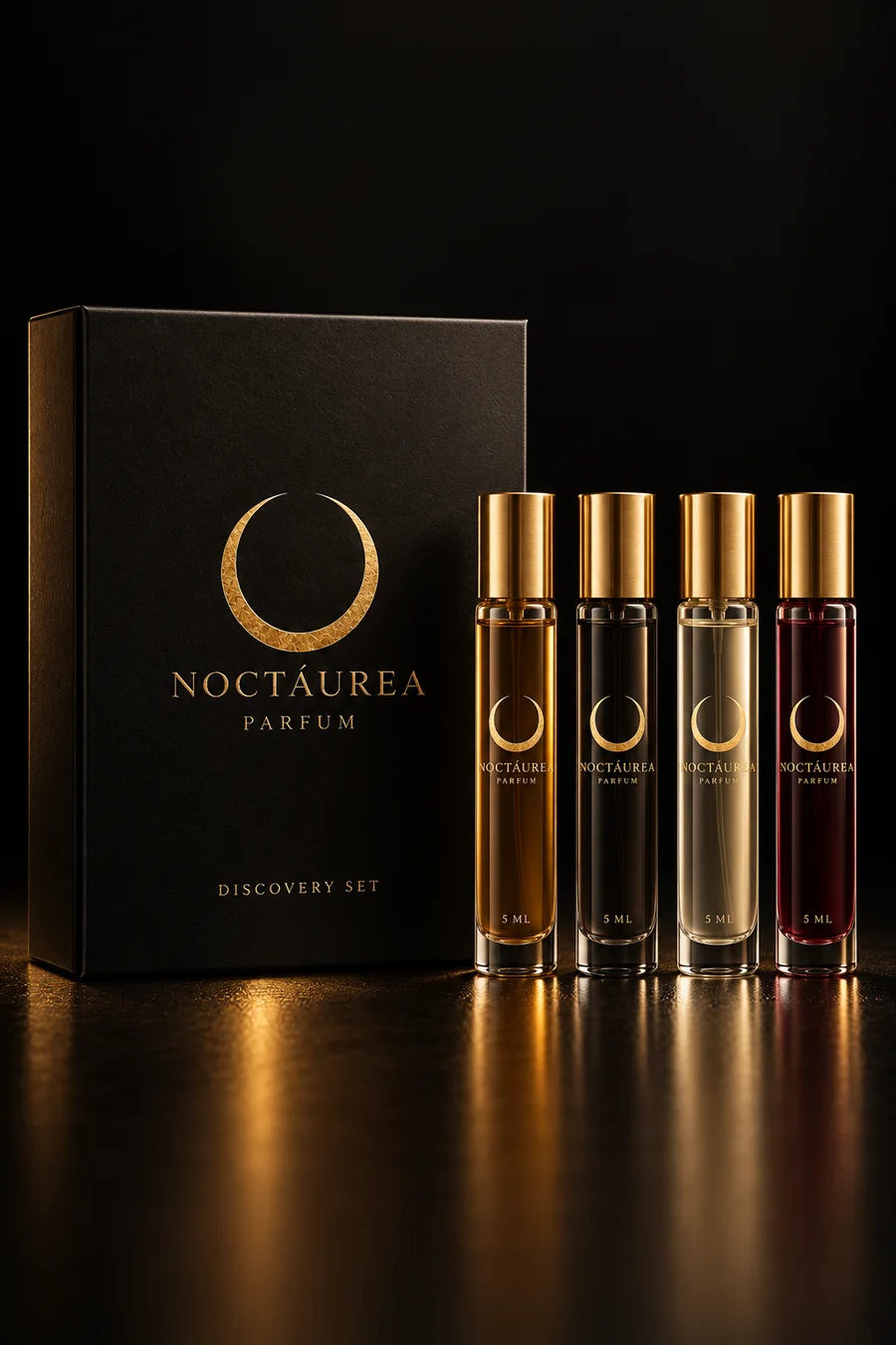 Concept della confezione NOCTÁUREA Discovery Set con quattro campioni da 5 ml